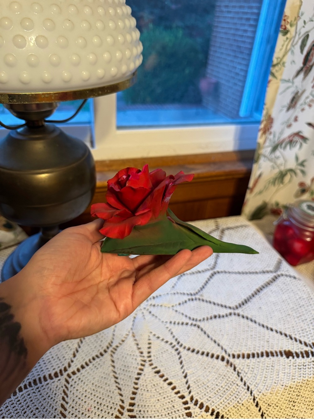 Italian Capodimonte Porcelain Red Rose Stem Thorns Leaves